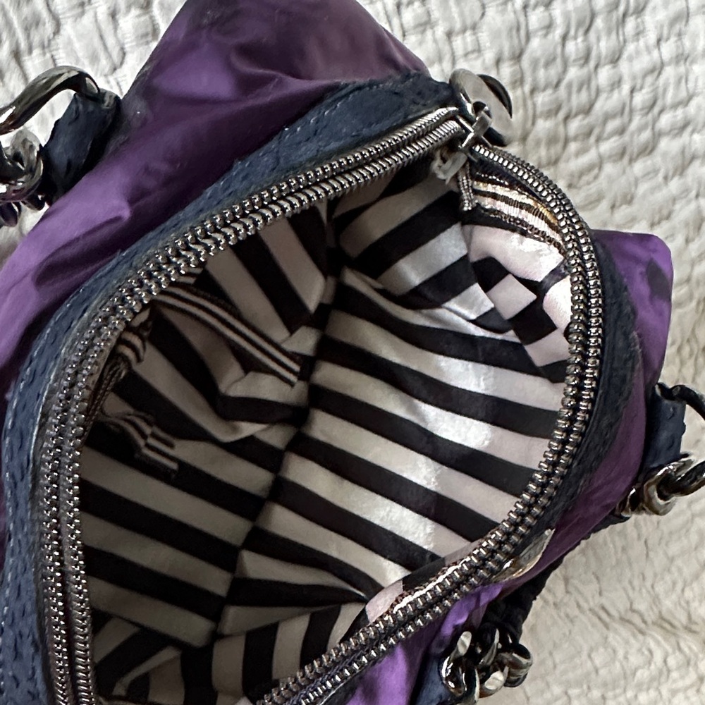 Henri Bendel Purple satin bag with Navy Blue and silver accents - Picture 7 of 16
